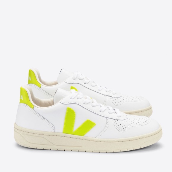 Veja Shoes - Veja V10 Leather White Jaune Fluo Sneakers Shoes